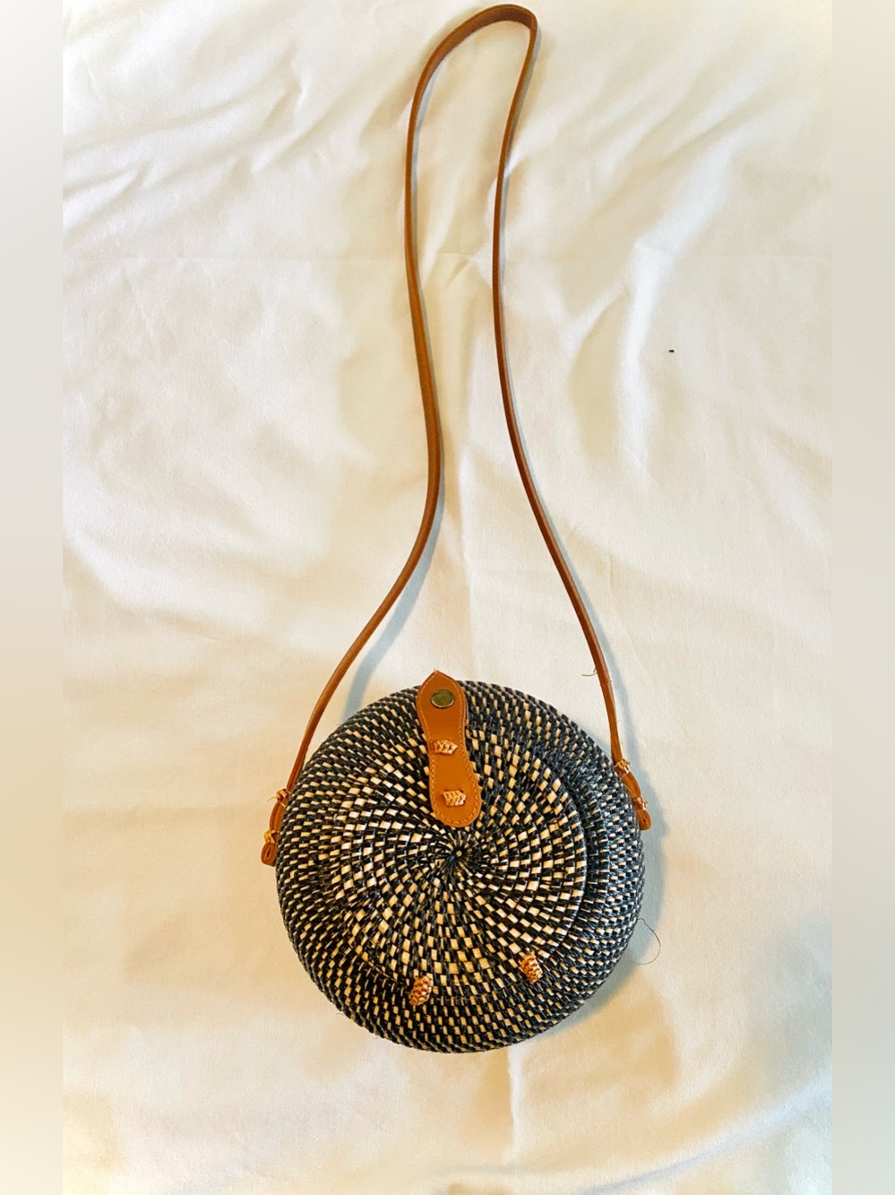 Boho Authentic Black & Tan Round Woven Crossbody with Leather strap